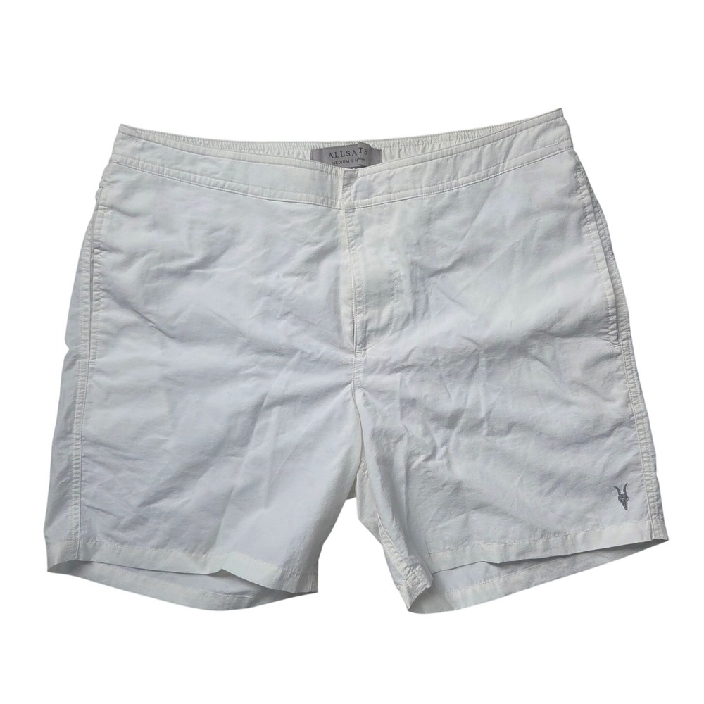 AllSaints Ward Swim Shorts Mens Medium White Ramskull Logo Nylon Trunks MI008G